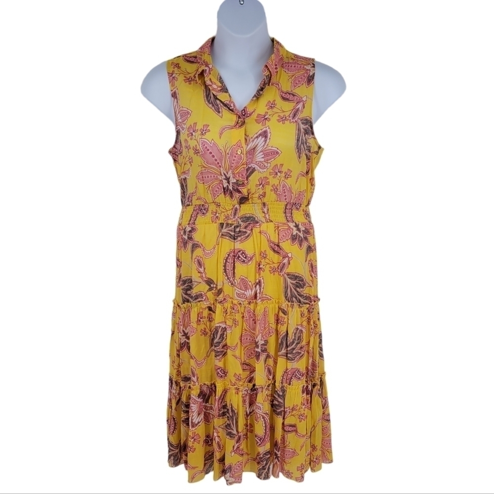Alex & Parker Gold and‎ Pink Floral Collared Neck Dress With Frill Trim Size L